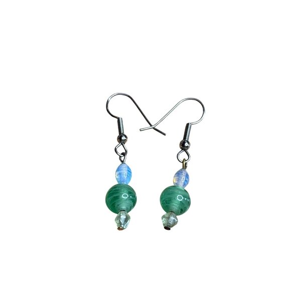 Artisan Glass Bead Dangle Earrings Opalite Green Silvertone Hooks 1 inch - Picture 1 of 2